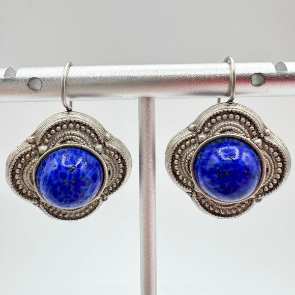 Vintage Blue Speckled Peking Glass Cabochon Earrings Etruscan Revival Bohemian - Picture 1 of 13